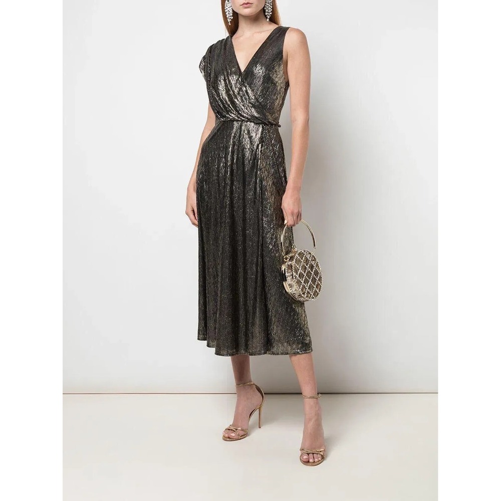 Alice + Olivia Roxy Front-Drape Midi Dress Size 0 Black Grey Silver Pleated Chic
